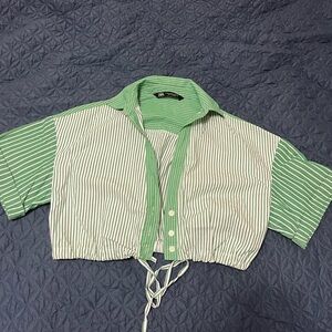 Zara Kids Green and White Striped Button Down Shirt